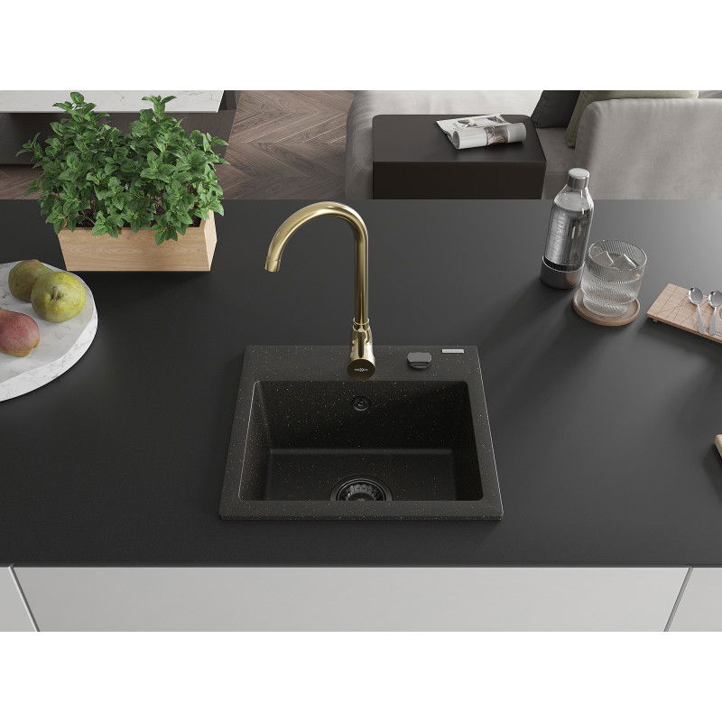 Mexen Milo granite sink 1-chamber with Telma kitchen tap, black/gold - 6505-75-670200-50-B
