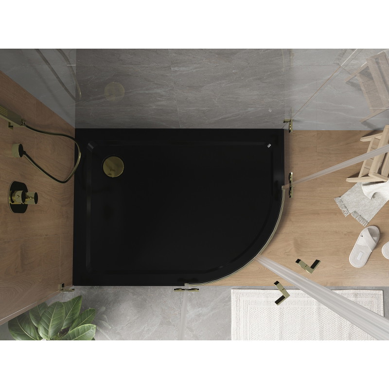 Mexen Flat half-round slim shower tray left 120 x 90 cm, black, gold siphon - 41709012L-G