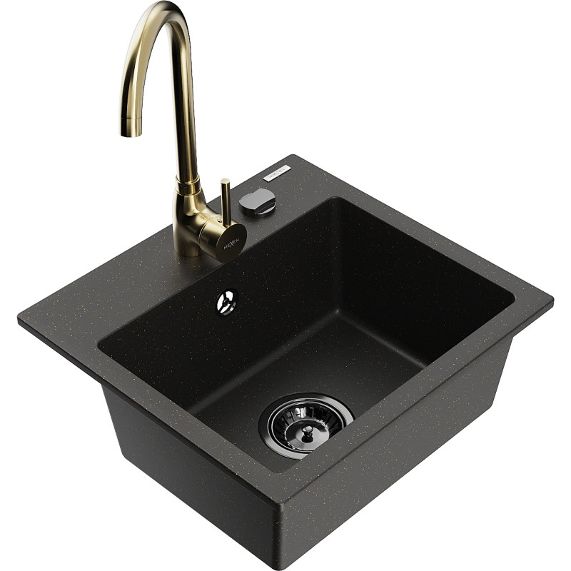 Mexen Milo 1-compartment granite sink with Telma kitchen faucet, black/gold - 6505-75-670200-50-B