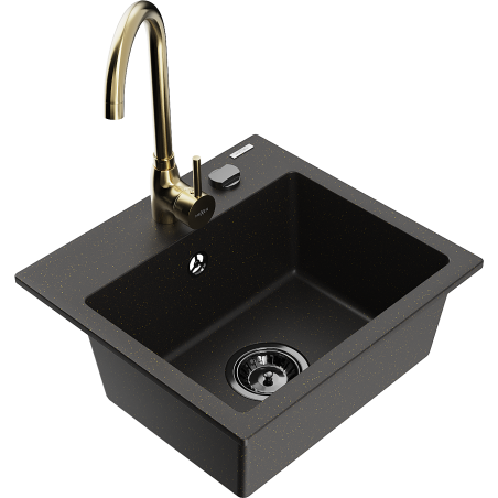 Mexen Milo 1-bowl granite sink with Telma kitchen faucet, black/gold - 6505-75-670200-50-B