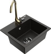 Mexen Milo 1-compartment granite sink with a kitchen mixer tap Telma, Black/Gold - 6505-75-670200-50-B