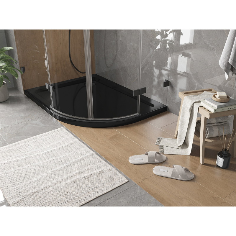 Mexen Flat slim semi-circular left shower tray 120 x 80 cm, black, black siphon - 41708012L-B