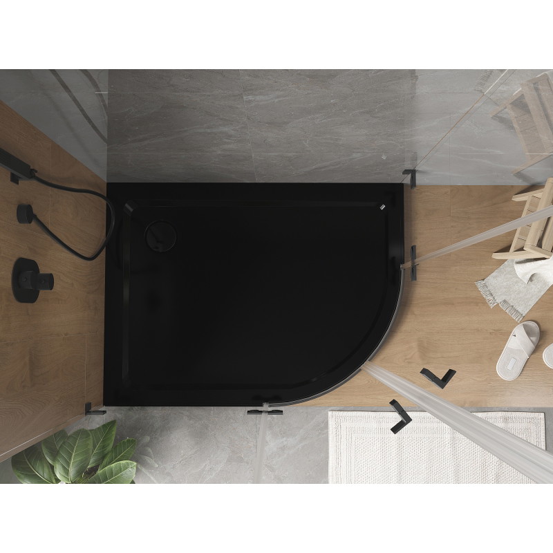 Mexen Flat slim semi-circular left shower tray 120 x 80 cm, black, black siphon - 41708012L-B