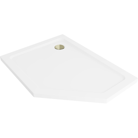Mexen Flat pentagonal slim shower tray left 90 x 80 cm, white, gold siphon - 41P108090L-G