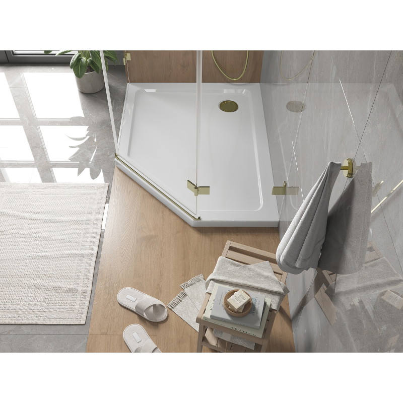 Mexen Flat pentagonal slim shower tray left 90 x 80 cm, white, gold siphon - 41P108090L-G