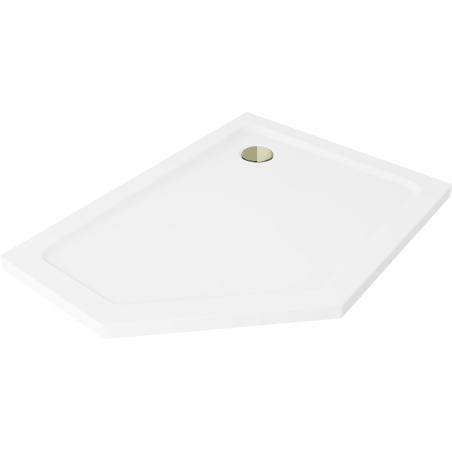 Mexen Flat pentagonal slim right shower tray 90 x 80 cm, white, gold siphon - 41P108090R-G