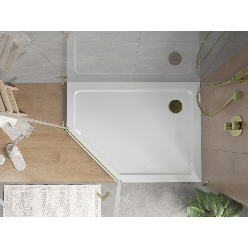 Mexen Flat pentagonal slim right shower tray 90 x 80 cm, white, gold siphon - 41P108090R-G