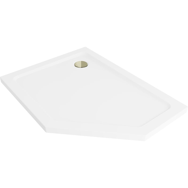 Mexen Flat pentagonal slim left shower tray 100 x 80 cm, white, gold siphon - 41P108010L-G