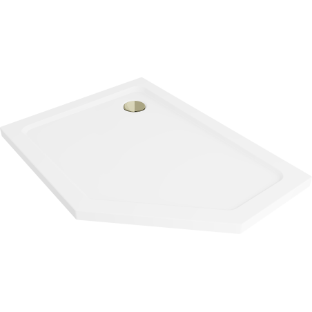 Mexen Flat pentagonal slim left shower tray 100 x 80 cm, white, gold siphon - 41P108010L-G