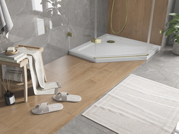 Mexen Flat pentagonal slim shower tray 90 x 90 cm, white, gold siphon - 41P109090-G