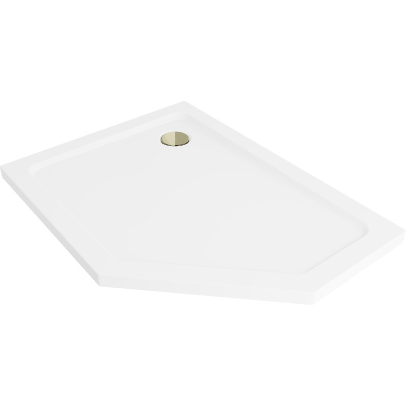 Mexen Flat pentagonal shower tray slim left 100 x 90 cm, white, gold siphon - 41P109010L-G