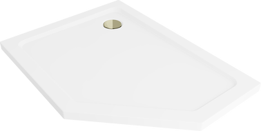 Mexen Flat pentagonal shower tray slim left 100 x 90 cm, white, gold siphon - 41P109010L-G