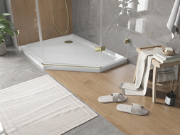 Mexen Flat pentagonal shower tray slim left 100 x 90 cm, white, gold siphon - 41P109010L-G