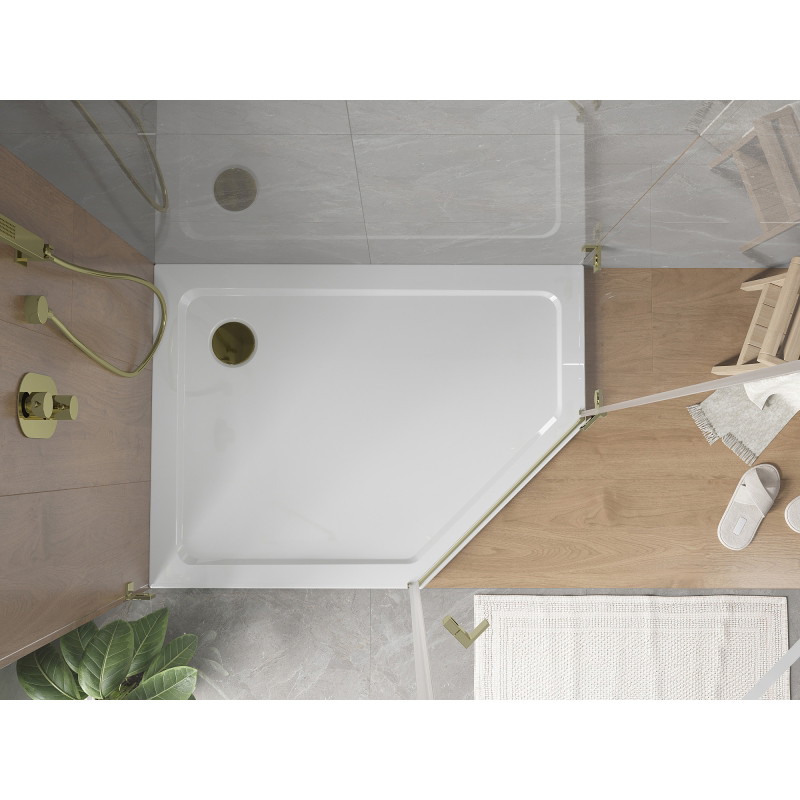 Mexen Flat pentagonal shower tray slim left 100 x 90 cm, white, gold siphon - 41P109010L-G