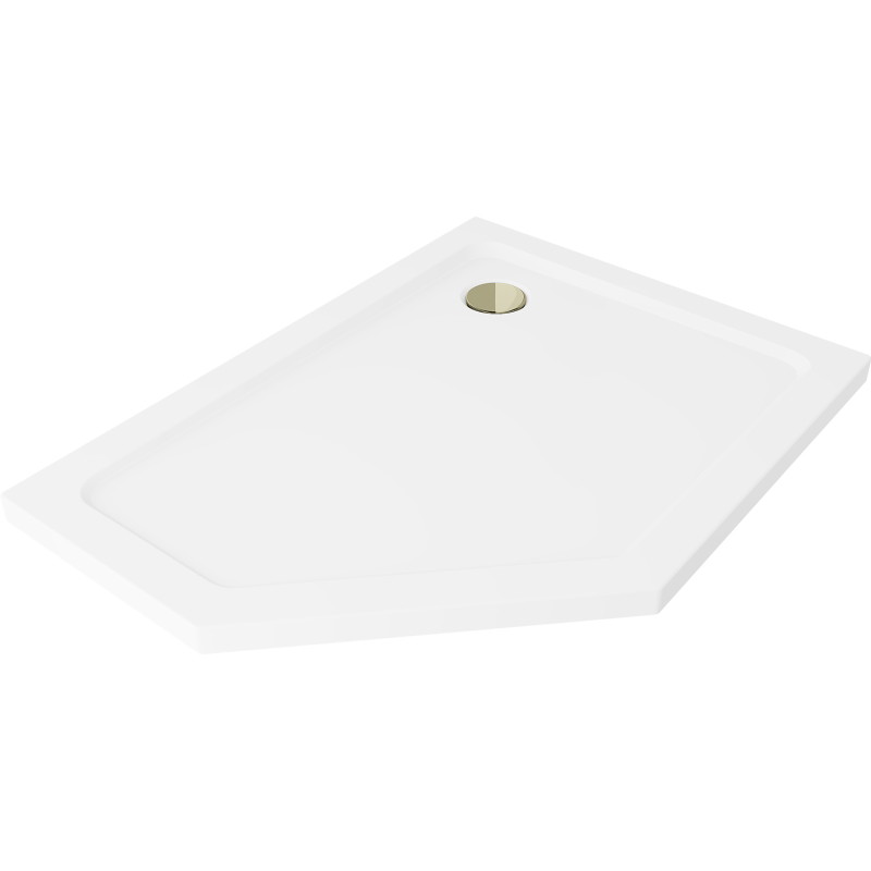 Mexen Flat pentagonal slim shower tray right 100 x 90 cm, white, gold siphon - 41P109010R-G