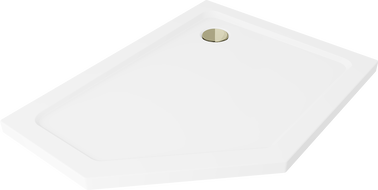 Mexen Flat pentagonal slim shower tray right 100 x 90 cm, white, gold siphon - 41P109010R-G