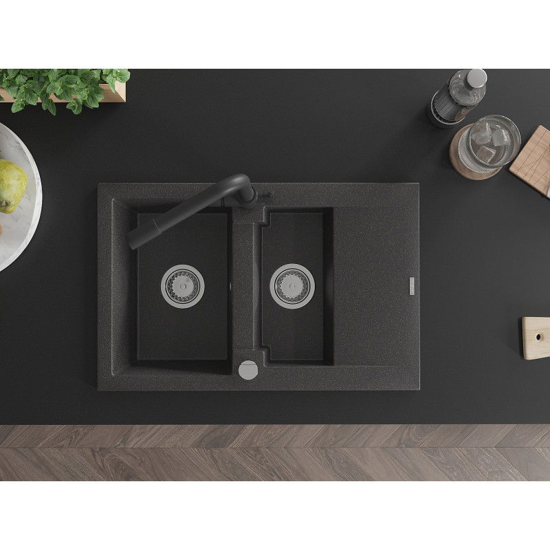 Mexen Gaspar granite sink 1.5-bowl with drainer and Duero kitchen tap, speckled black - 6507-76-671600-70