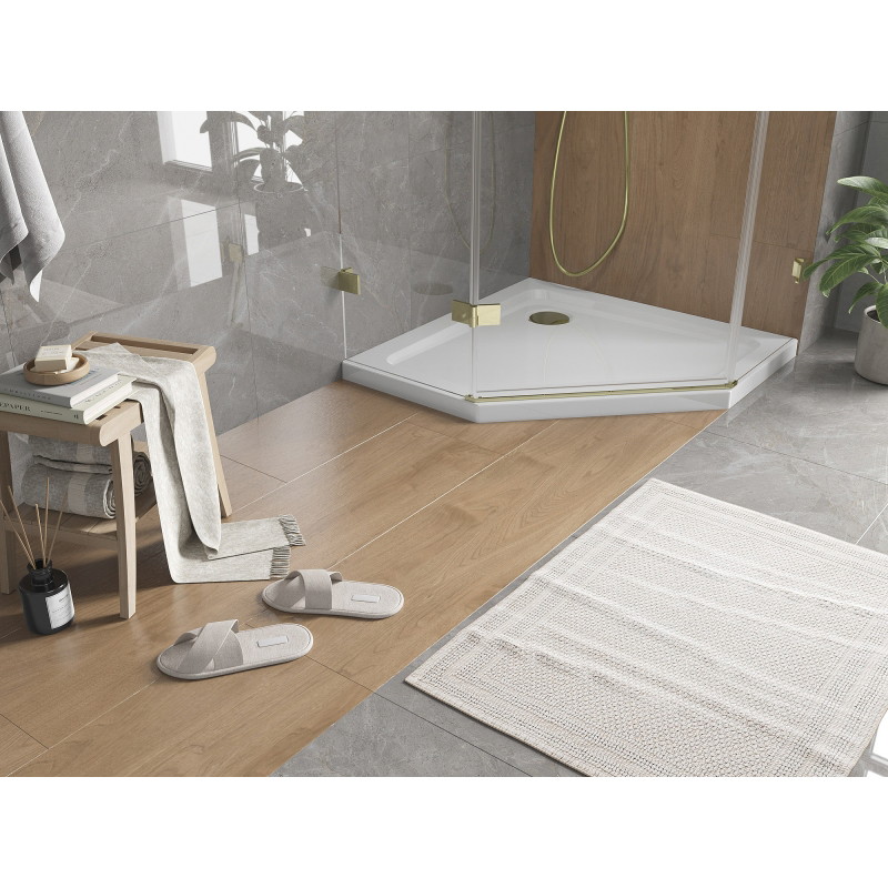 Mexen Flat pentagonal slim shower tray 100 x 100 cm, white, gold siphon - 41P101010-G