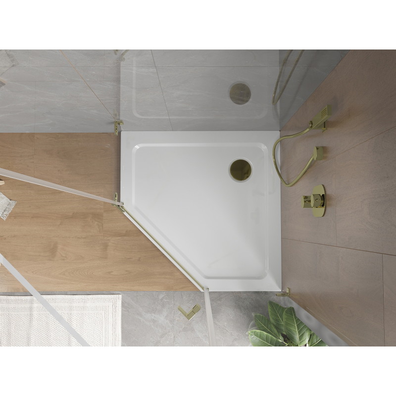 Mexen Flat pentagonal slim shower tray 100 x 100 cm, white, gold siphon - 41P101010-G