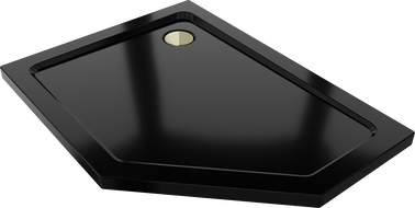Mexen Flat pentagonal slim left shower tray 90 x 80 cm, black, gold siphon - 41P708090L-G