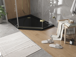 Mexen Flat pentagonal slim left shower tray 90 x 80 cm, black, gold siphon - 41P708090L-G