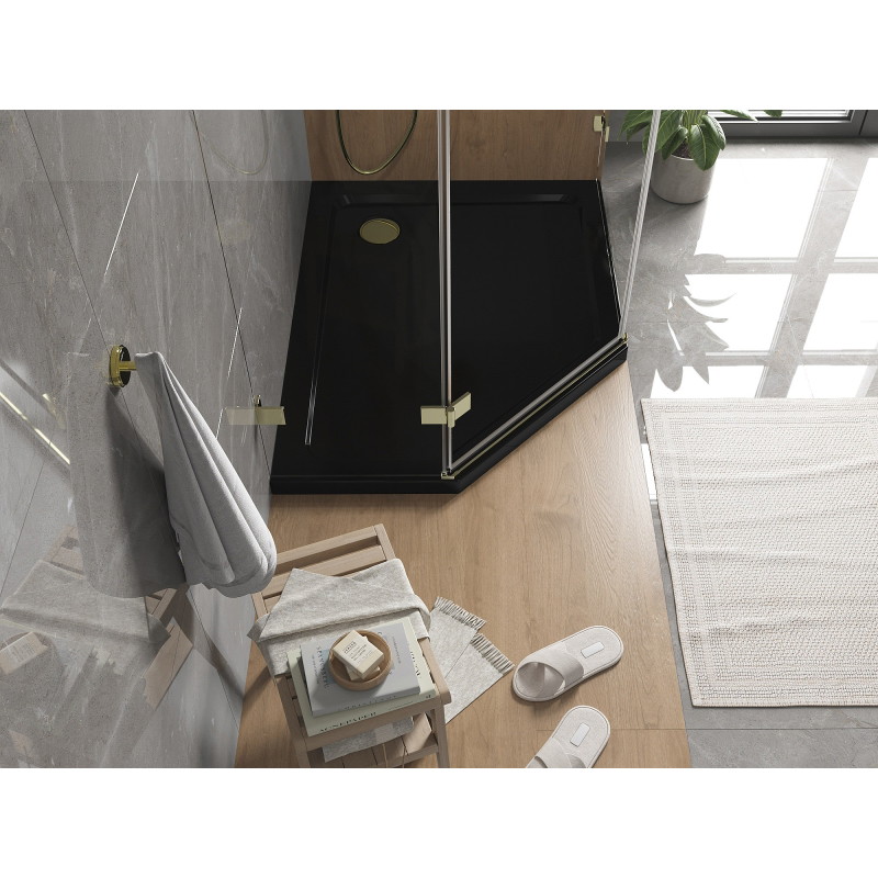 Mexen Flat pentagonal slim shower tray right 90 x 80 cm, black, gold siphon - 41P708090R-G