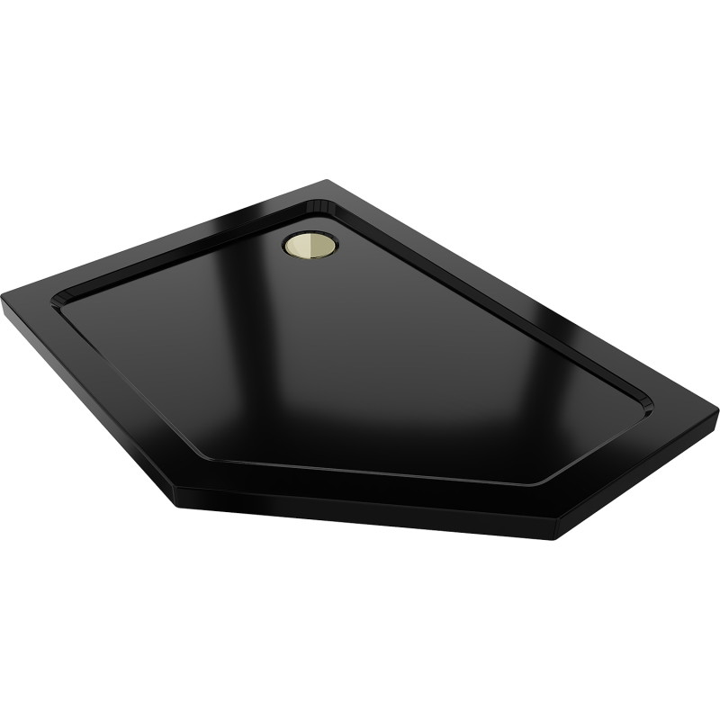 Mexen Flat pentagonal shower tray slim left 100 x 80 cm, black, gold siphon - 41P708010L-G