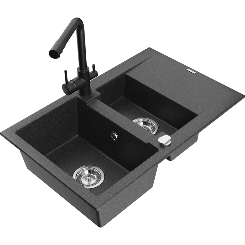 Mexen Gaspar granite sink 1.5-bowl with drainer and Duero kitchen tap, speckled black - 6507-76-671600-70
