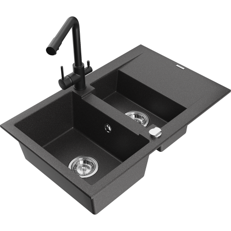 Mexen Gaspar 1.5-bowl granite sink with drainer and Duero kitchen faucet, black speckled - 6507-76-671600-70