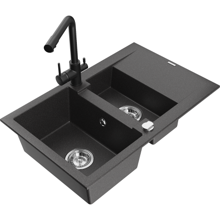 Mexen Gaspar granite sink 1.5-bowl with drainer and Duero kitchen tap, speckled black - 6507-76-671600-70