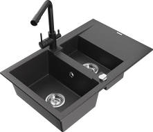 Mexen Gaspar Duero Granite Sink 1.5 Bowl with Drainer and Kitchen Faucet, Speckled Black - 6507-76-671600-70