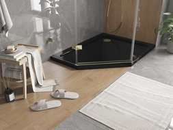 Mexen Flat pentagonal slim shower tray right 100 x 80 cm, black, gold siphon - 41P708010R-G