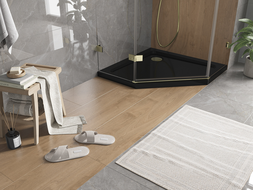 Mexen Flat pentagonal slim shower tray 90 x 90 cm, black, gold siphon - 41P709090-G
