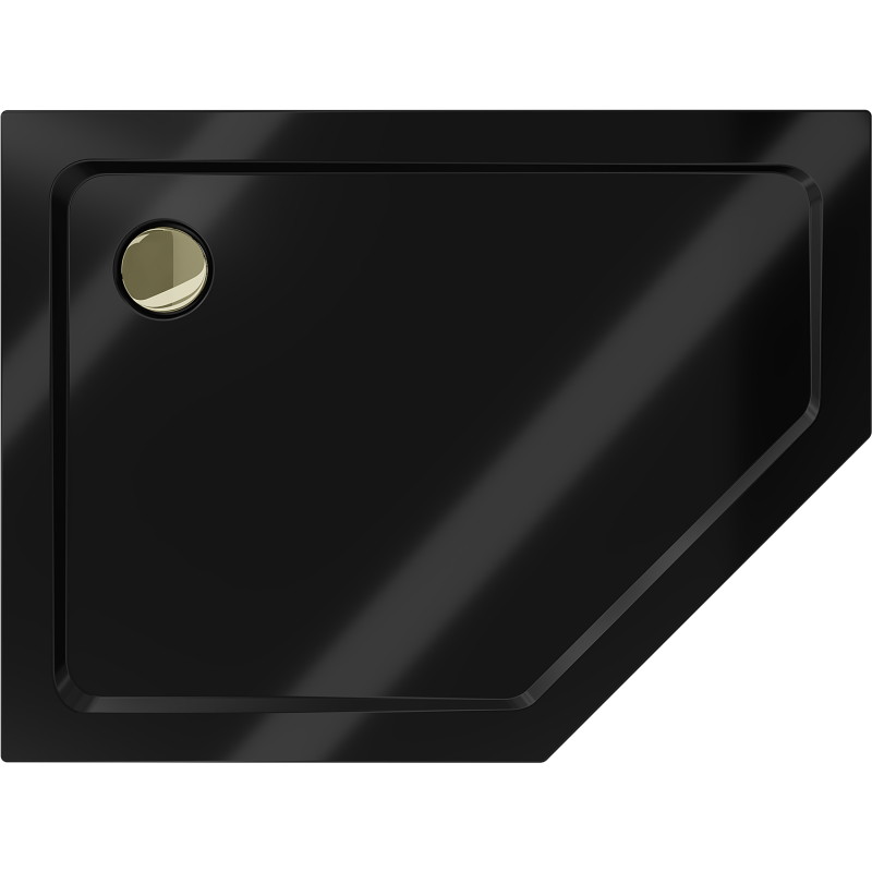Mexen Flat pentagon-shaped slim left shower tray 100 x 90 cm, black, gold siphon - 41P709010L-G
