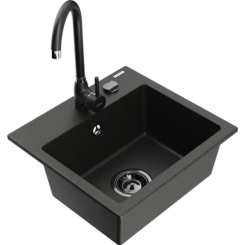 Mexen Milo 1-bowl granite sink with Telma kitchen faucet, black/gold - 6505-75-670200-70-B