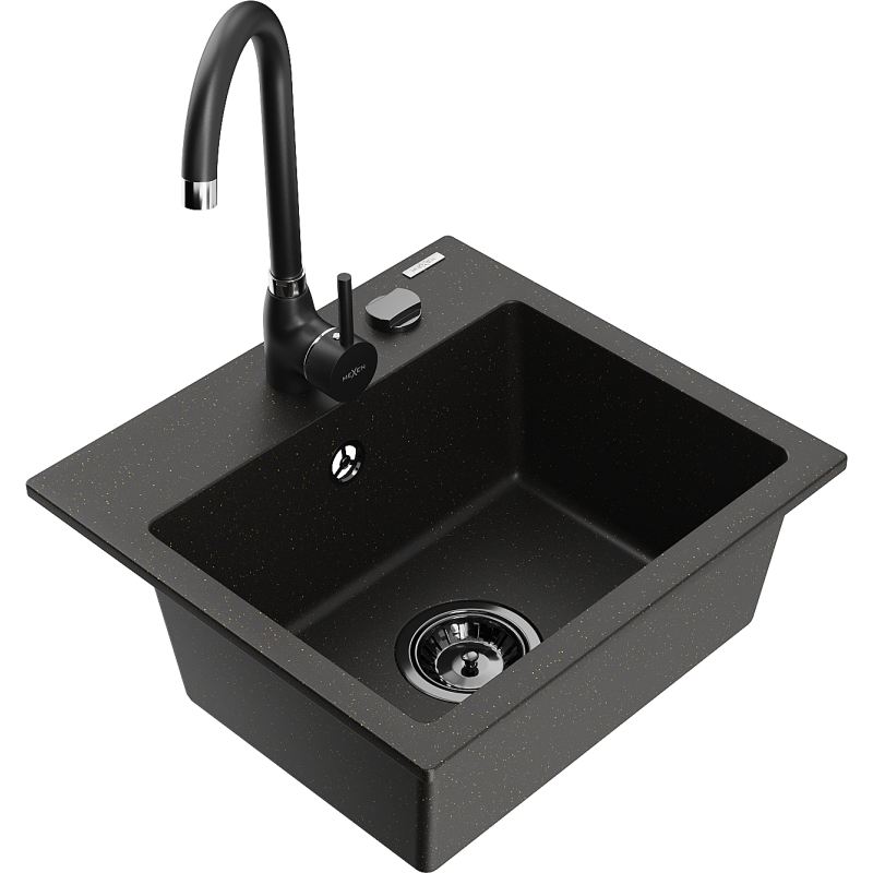 Mexen Milo granite sink 1-bowl with Telma kitchen tap, black/gold - 6505-75-670200-70-B