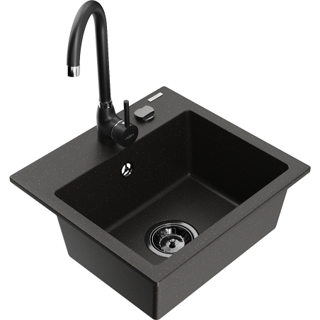 Mexen Milo 1-bowl granite sink with Telma kitchen faucet, black/gold - 6505-75-670200-70-B