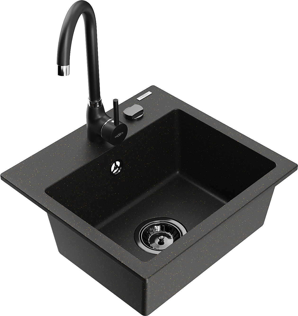 Mexen Milo 1-compartment granite sink with a kitchen mixer tap Telma, Black/Gold - 6505-75-670200-70-B