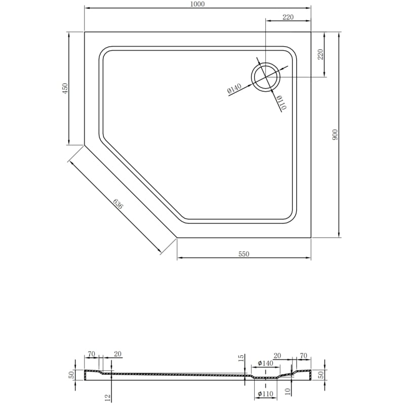 Mexen Flat pentagonal slim shower tray right 100 x 90 cm, black, golden siphon - 41P709010R-G