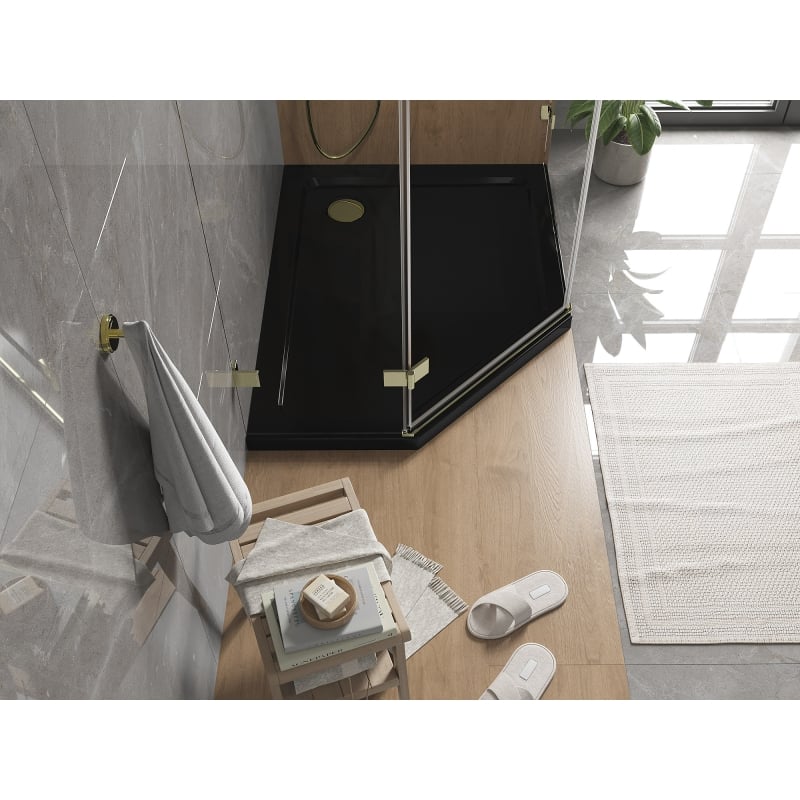 Mexen Flat pentagonal slim shower tray right 100 x 90 cm, black, golden siphon - 41P709010R-G