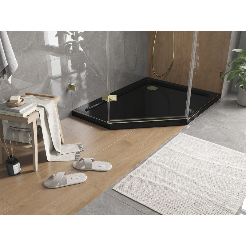 Mexen Flat pentagonal slim shower tray right 100 x 90 cm, black, golden siphon - 41P709010R-G