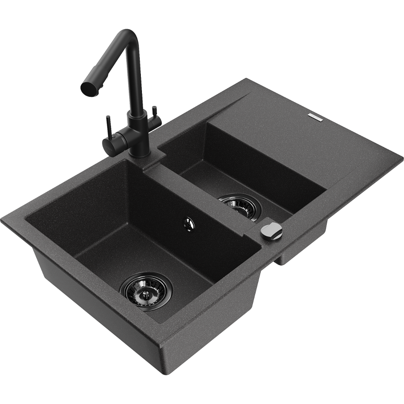 Mexen Gaspar 1.5-compartment granite sink with a drip tray and kitchen mixer tap Duero, spotted black - 6507-76-671600-70-B