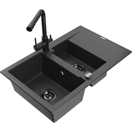 Mexen Gaspar granite sink 1.5-bowl with drainer and Duero kitchen faucet, black speckled - 6507-76-671600-70-B