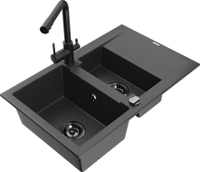 Mexen Gaspar granite sink 1.5-bowl with drainer and Duero kitchen tap, black speckled - 6507-76-671600-70-B