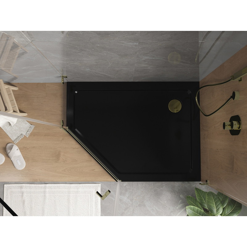 Mexen Flat pentagonal slim shower tray right 100 x 90 cm, black, golden siphon - 41P709010R-G