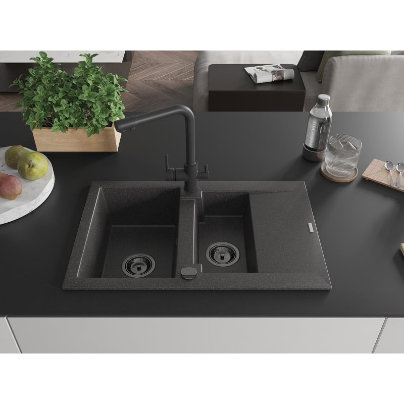 Mexen Gaspar granite kitchen sink 1.5-bowl with drainer and Duero kitchen faucet, black speckled - 6507-76-671600-70-B