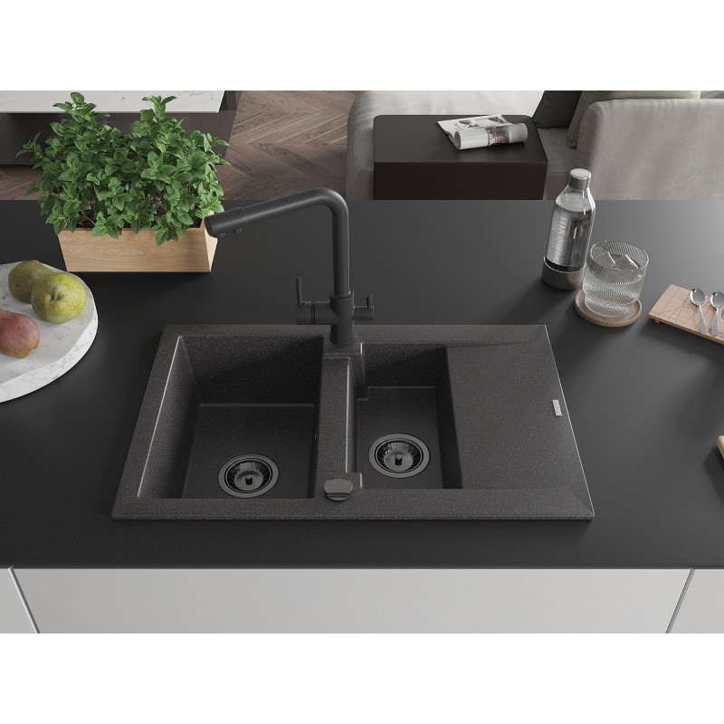 Mexen Gaspar granite sink 1.5-bowl with drainer and Duero kitchen faucet, black speckled - 6507-76-671600-70-B