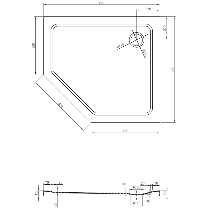 Mexen Flat slim pentagonal shower tray right 90 x 80 cm, white, black siphon - 41P108090R-B