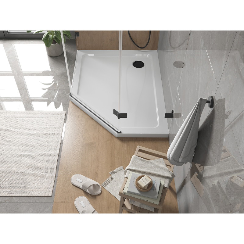 Mexen Flat pentagonal slim left shower base 100 x 80 cm, white, black siphon - 41P108010L-B