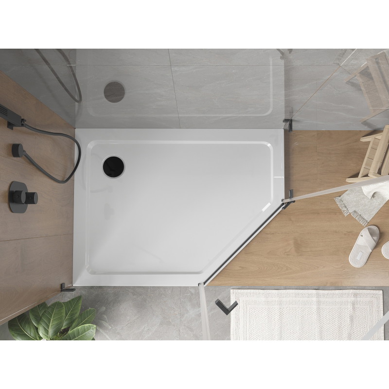 Mexen Flat pentagonal slim left shower base 100 x 80 cm, white, black siphon - 41P108010L-B